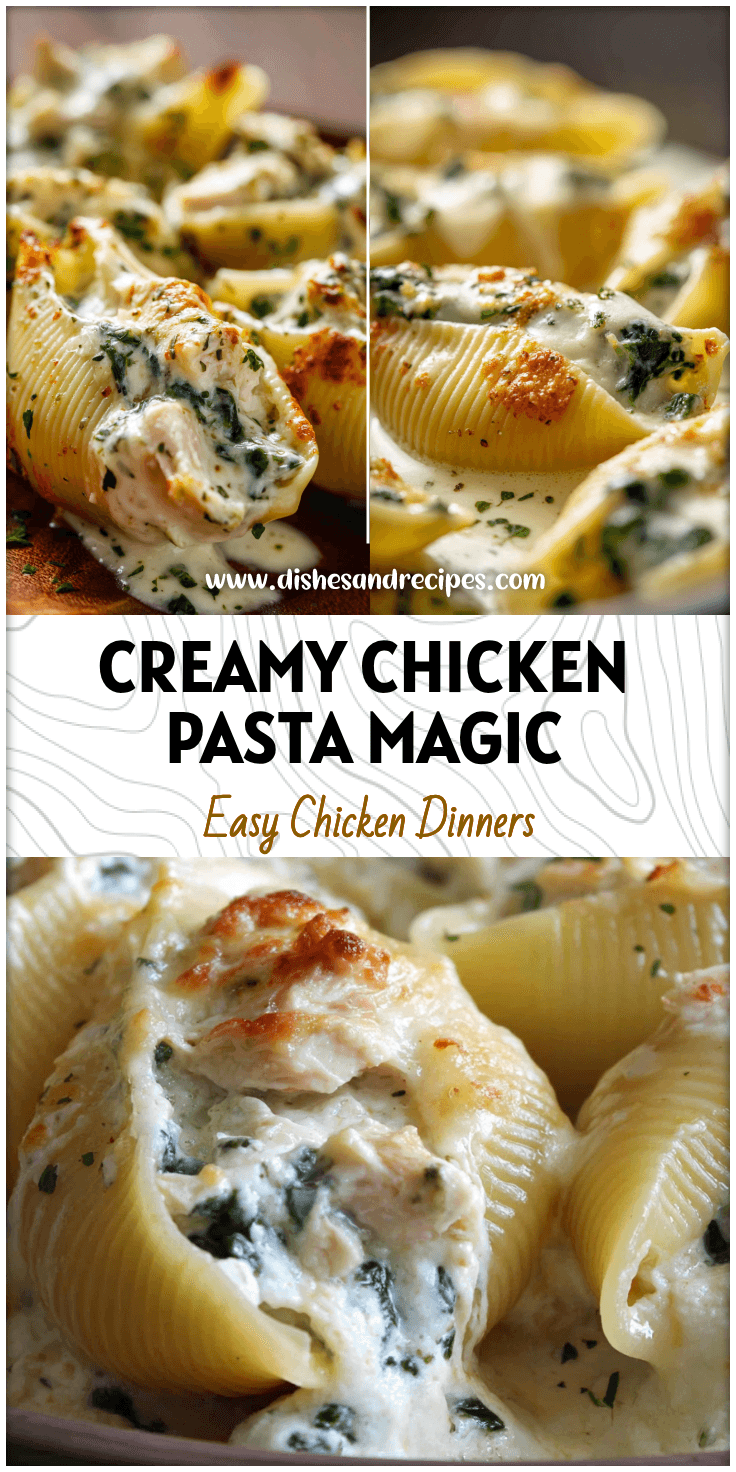 Creamy Chicken And Cheese Stuffed Shells baked in white Alfredo sauce with spinach and herbs.