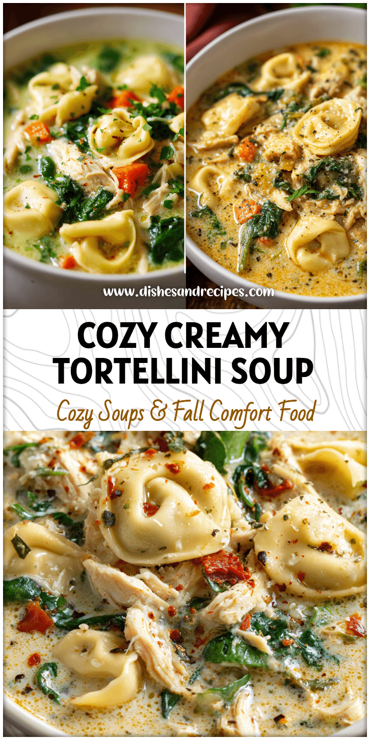 Bowl of Creamy Cheese Tortellini Soup with shredded chicken, spinach, and rich broth for warm dinner ideas