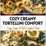 Bowl of creamy chicken and spinach tortellini soup topped with fresh herbs for cozy dinner inspiration