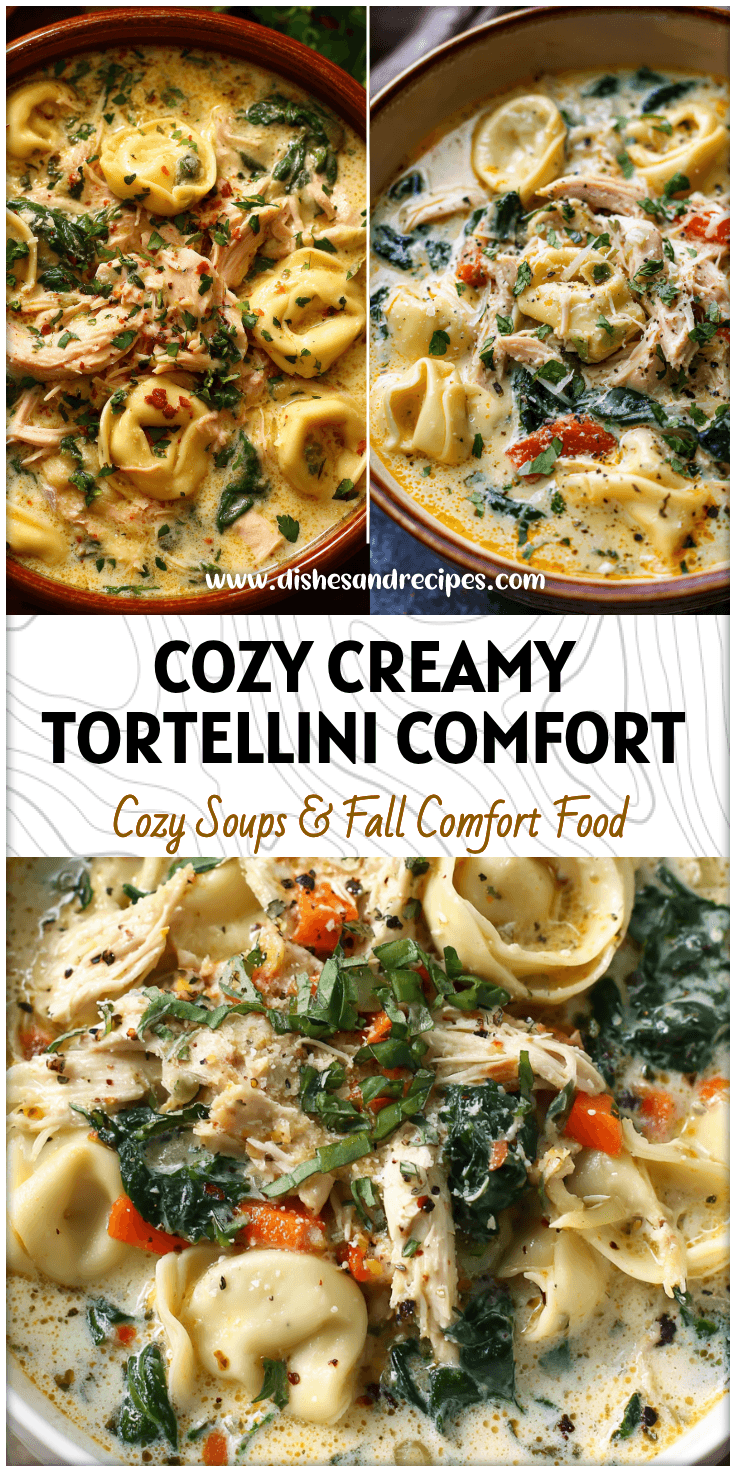 Bowl of creamy chicken and spinach tortellini soup topped with fresh herbs for cozy dinner inspiration