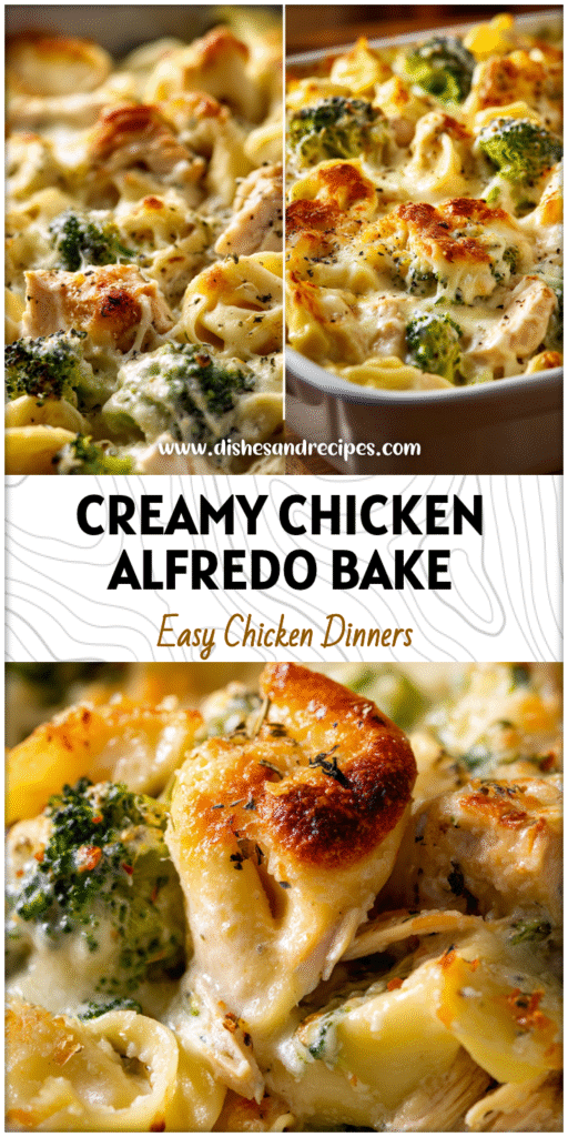 Home 14 Golden baked Chicken Broccoli Tortellini Casserole layered with creamy Alfredo sauce and melted cheese.
