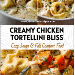 A bowl of creamy Chicken Tortellini Alfredo Soup topped with herbs and tender chicken pieces.