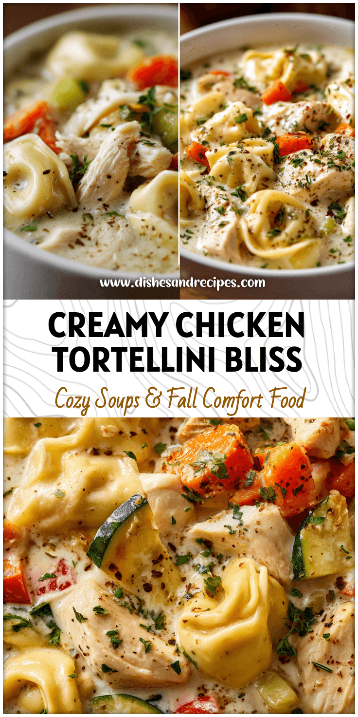 A bowl of creamy Chicken Tortellini Alfredo Soup topped with herbs and tender chicken pieces.