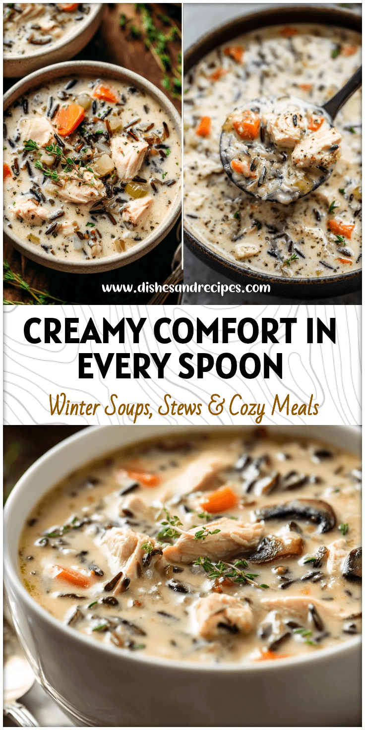 A bowl of creamy chicken and wild rice soup with tender chicken chunks and fresh herbs.