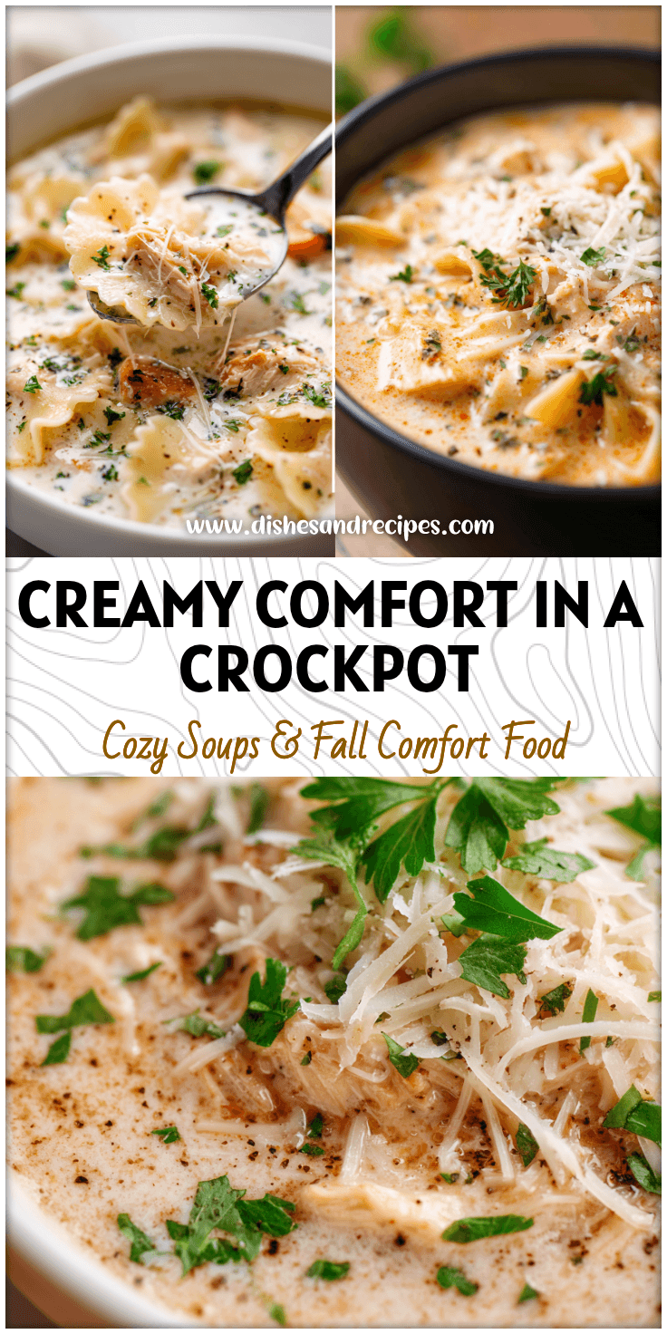 Bowl of Creamy Crockpot Chicken Parmesan Soup topped with melted cheese and fresh parsley.