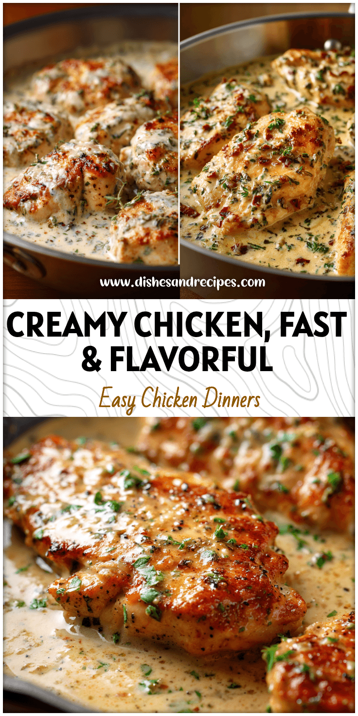 Golden chicken in creamy garlic parmesan sauce served with herbs in a skillet for an easy dinner stovetop meal