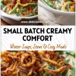 A creamy small batch green bean casserole baked in an 8x8 dish topped with crispy onions.