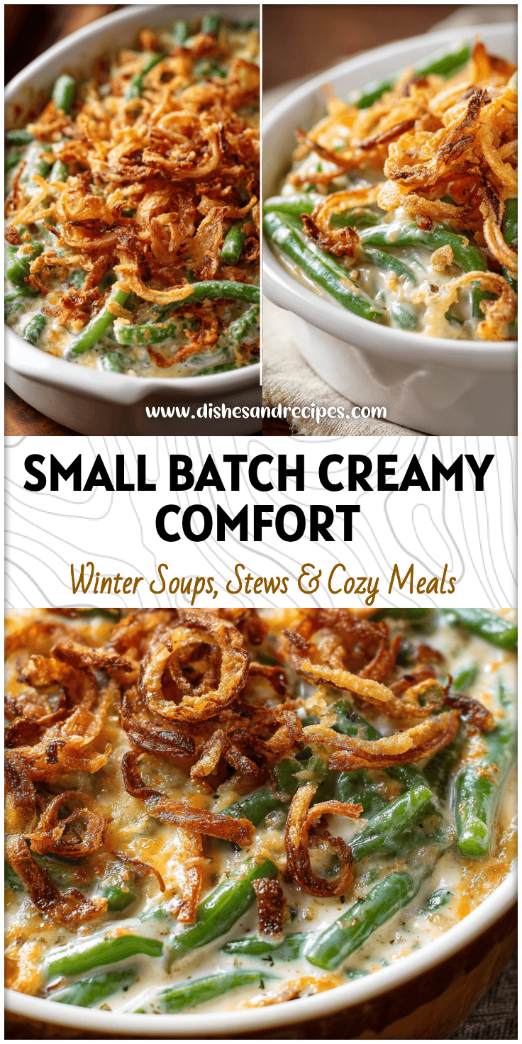 A creamy small batch green bean casserole baked in an 8x8 dish topped with crispy onions.