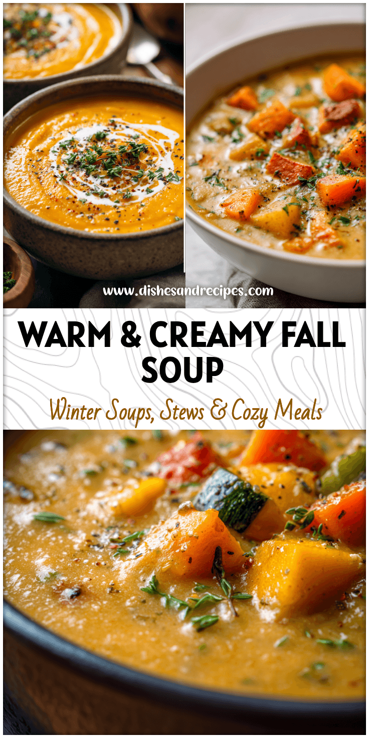 Bowl of creamy harvest vegetable soup with roasted squash, sweet potato, and carrots topped with herbs.