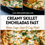 Creamy Healthy Chicken Enchilada Skillet in 20 Minutes 5 Close-up of creamy healthy chicken enchilada skillet with melted cheese and fresh herbs in a black pan.