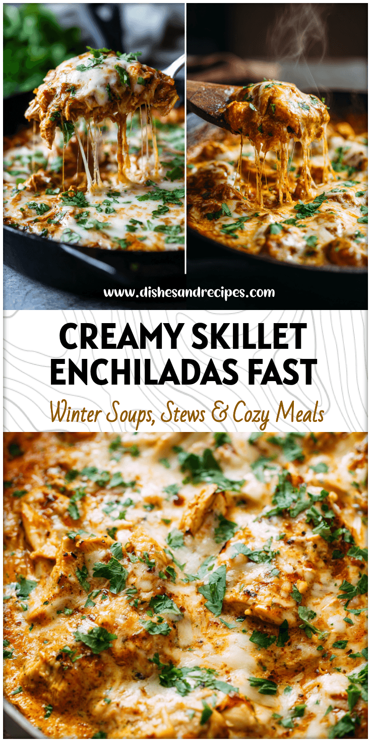 Close-up of creamy healthy chicken enchilada skillet with melted cheese and fresh herbs in a black pan.