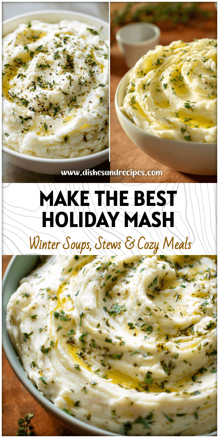 A bowl of creamy herb butter mashed potatoes topped with herbs for a festive roast dinner side dish.
