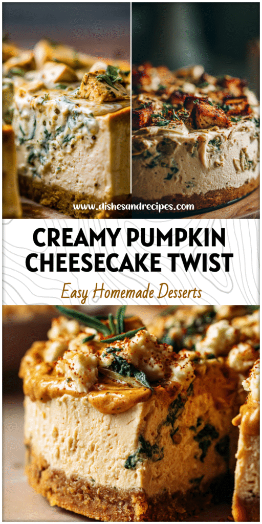 Home 12 A creamy no-bake pumpkin cheesecake served beside a spinach artichoke chicken dinner for cozy fall vibes