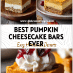 Creamy layered Pumpkin Cheesecake Bars topped with whipped cream served on a fall-themed dessert plate.