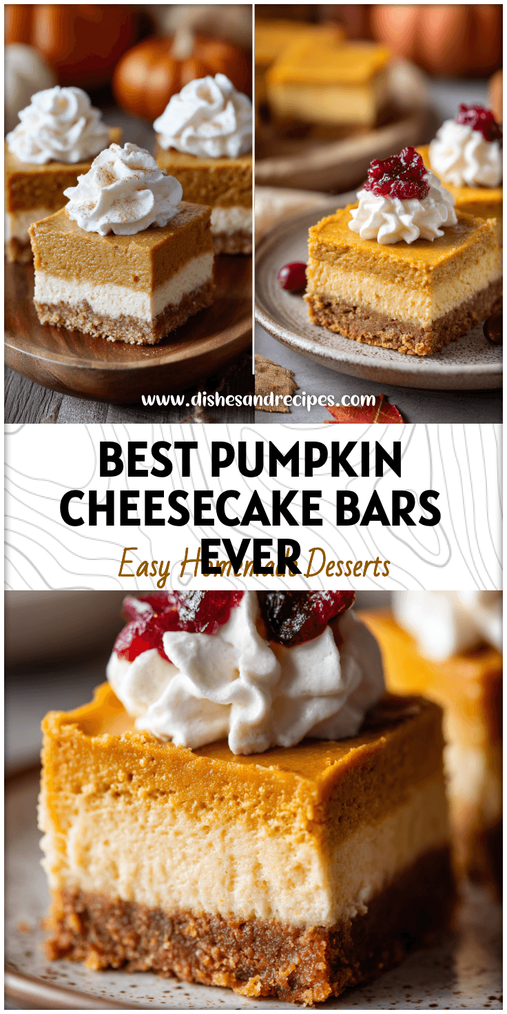 Creamy layered Pumpkin Cheesecake Bars topped with whipped cream served on a fall-themed dessert plate.