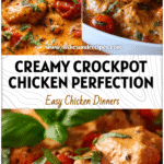 Creamy Tomato Basil Chicken Crockpot dish with tender chicken in rich tomato cream sauce and fresh basil garnish.