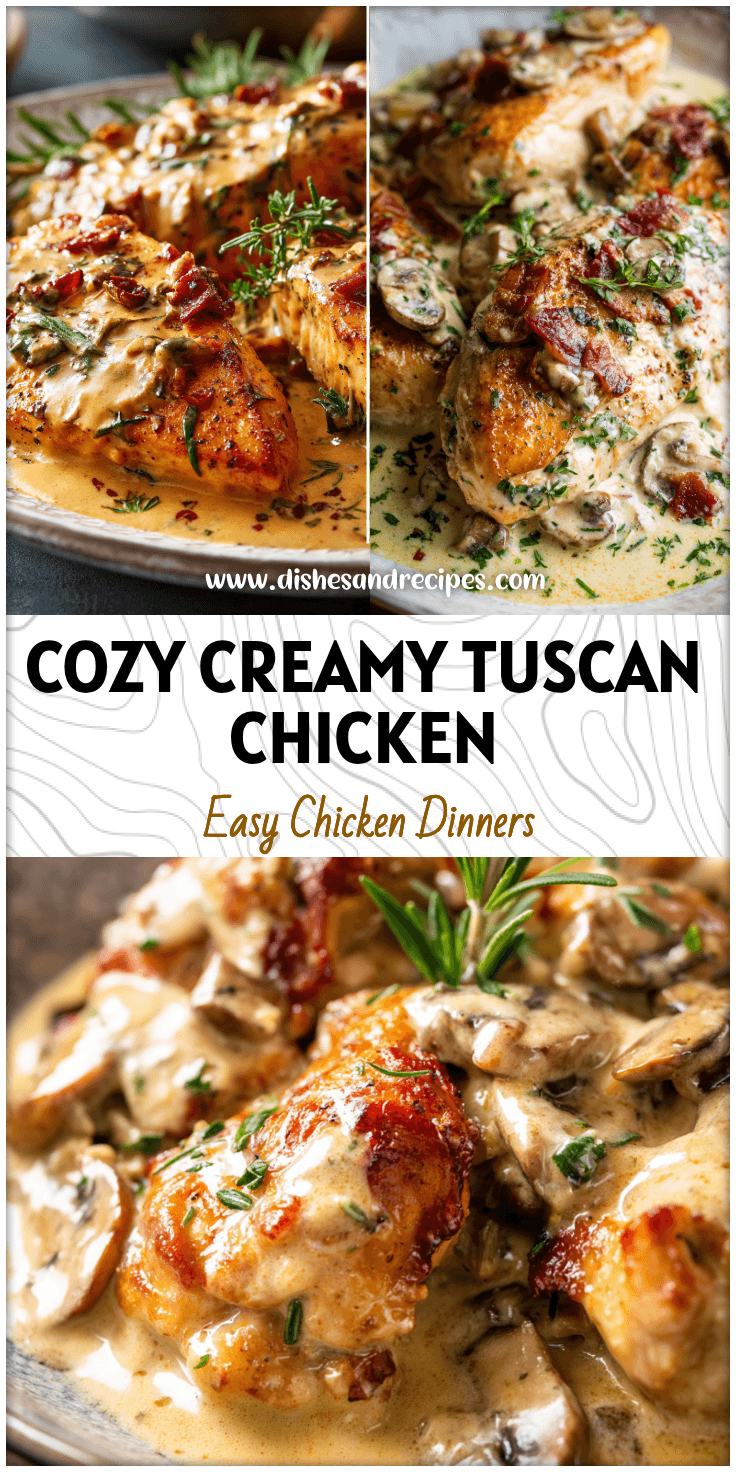 Creamy Tuscan chicken served on a festive plate with herbs, ideal for guest meal ideas and creamy chicken meals