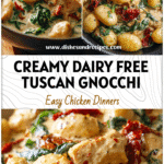 Bowl of creamy Tuscan chicken gnocchi with spinach and sun-dried tomatoes in a dairy free sauce.