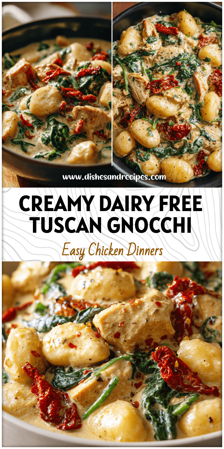 Bowl of creamy Tuscan chicken gnocchi with spinach and sun-dried tomatoes in a dairy free sauce.