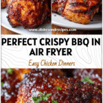 Crispy Air-Fryer BBQ Chicken Thighs: Easy Dinner Made Perfect 5 Golden crispy Airfried Chicken Thighs coated in rich BBQ sauce made in a Cooks Air Fryer served on a white plate.