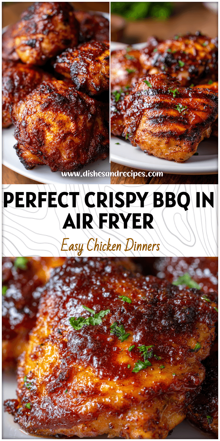 Golden crispy Airfried Chicken Thighs coated in rich BBQ sauce made in a Cooks Air Fryer served on a white plate.