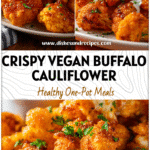 Crispy vegan Buffalo Cauliflower Bites cooked in an air fryer and garnished with fresh herbs for a healthy dinner.