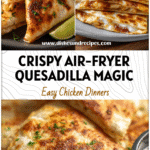 Crispy Air-Fryer Chicken Quesadillas for Quick And Easy Family Meals 5 Golden crispy air-fryer chicken quesadillas served on a plate for an easy family air fryer meal.