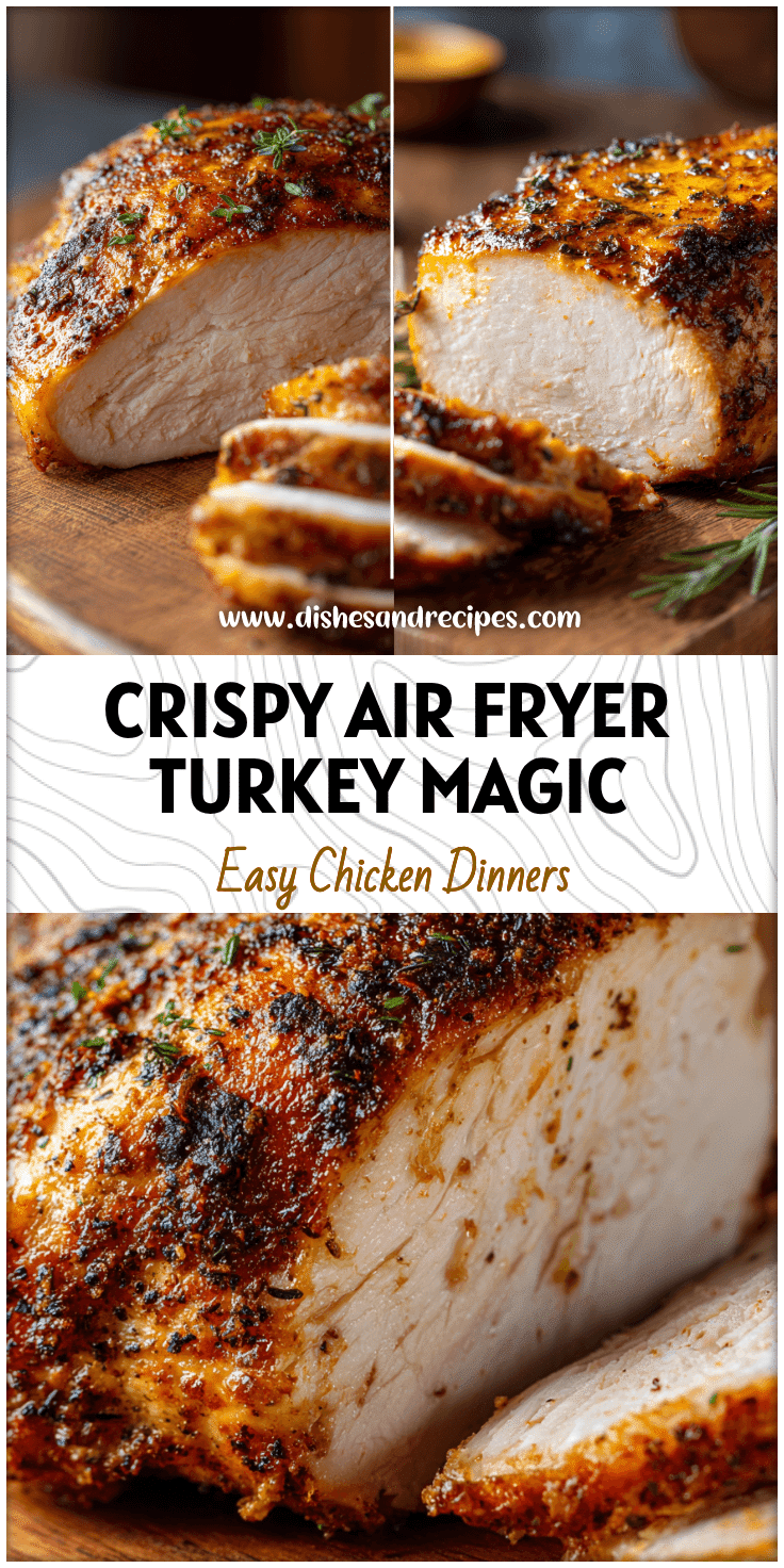 Crispy Butterball Turkey Breast cooked in an air fryer and sliced on a wooden board.