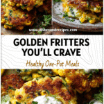 Crispy Corn & Zucchini Fritters with Greek Yogurt Topping 5 Golden Zucchini Corn Fritters topped with Greek yogurt and fresh herbs on a rustic plate