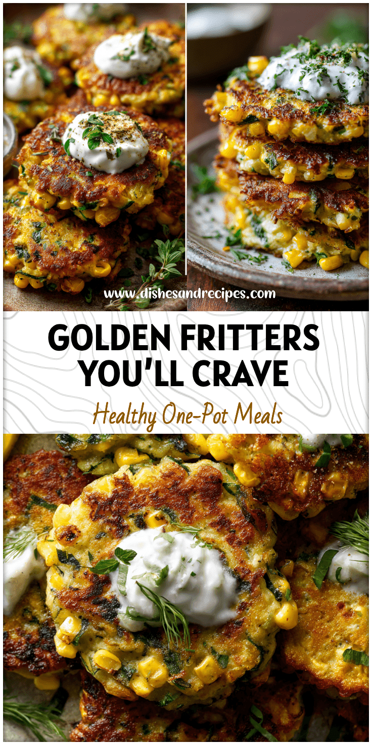 Golden Zucchini Corn Fritters topped with Greek yogurt and fresh herbs on a rustic plate