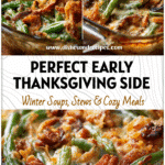 Early Thanksgiving Green Bean Casserole With Real Beans 5 Homemade green bean casserole with real green beans baked in a glass dish for Thanksgiving dinner