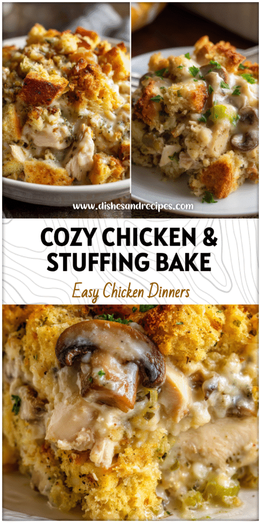 Home 14 Golden baked Chicken And Stuffing Casserole with creamy layers and crispy topping served for a Stuffing Dinner.