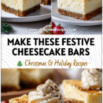 Easy Eggnog Cheesecake Bars for Festive Holiday Baking 5 Creamy Eggnog Cheesecake Bars topped with nutmeg on a white plate surrounded by holiday decor.
