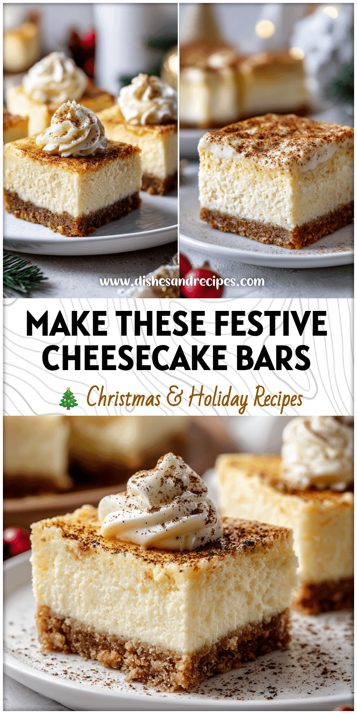 Creamy Eggnog Cheesecake Bars topped with nutmeg on a white plate surrounded by holiday decor.