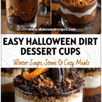 Easy Halloween Dirt Dessert Cups for Family Party Fun 5 Mini Dirt Cake Cups filled with brownie layers, cookie crumbs, and candy worms for a Halloween Dirt Dessert.