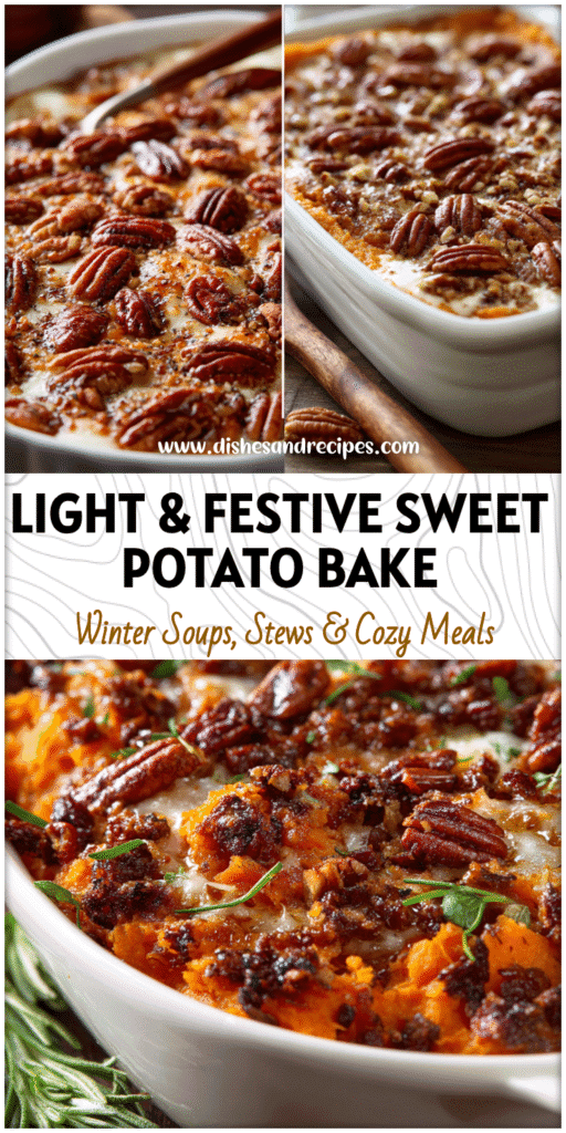Golden baked sweet potato and pecan casserole topped with candied pecans in a white dish.