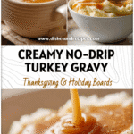 Golden homemade turkey gravy without drippings poured over mashed potatoes for Thanksgiving dinner.