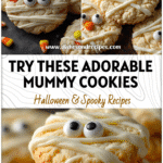 Close-up of white chocolate Mummy Cookies with candy eyes on a dark Halloween table.