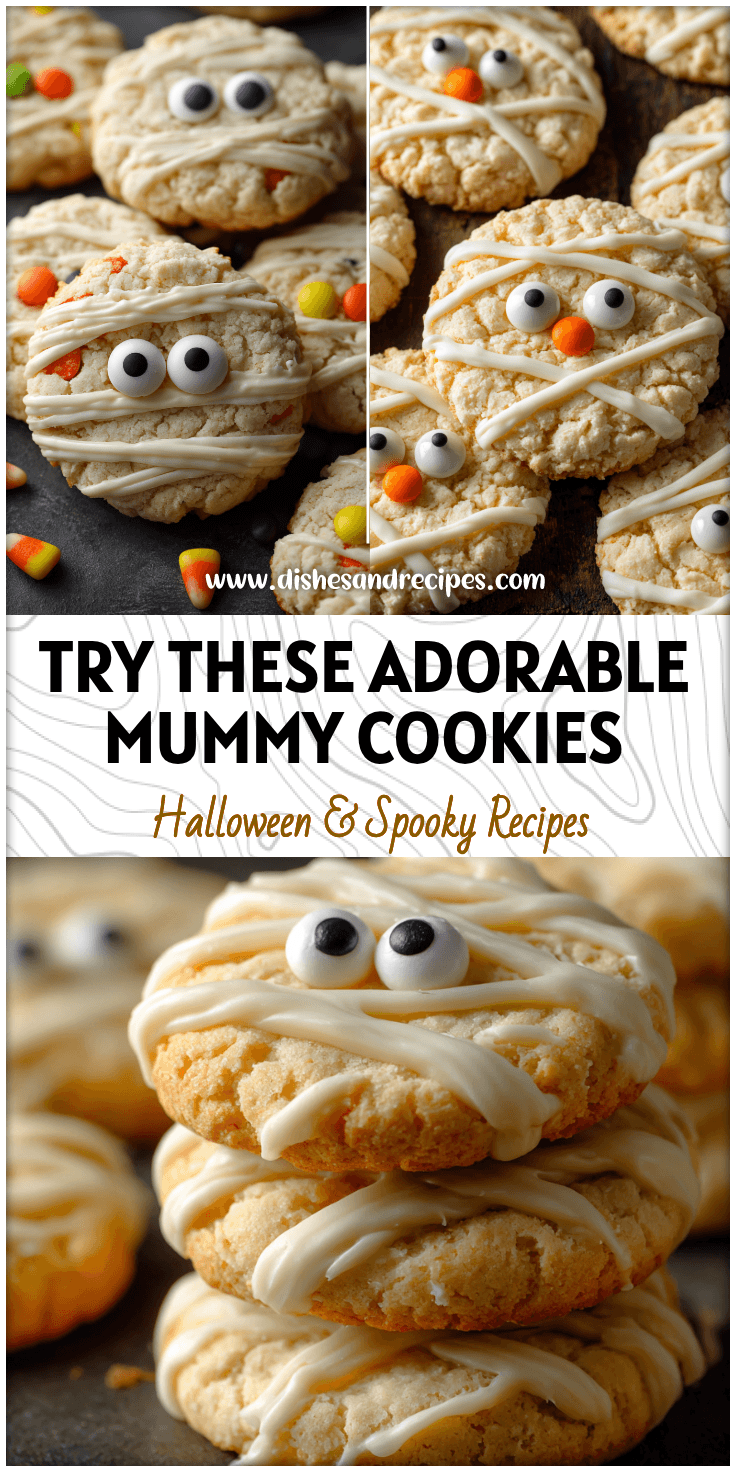 Close-up of white chocolate Mummy Cookies with candy eyes on a dark Halloween table.