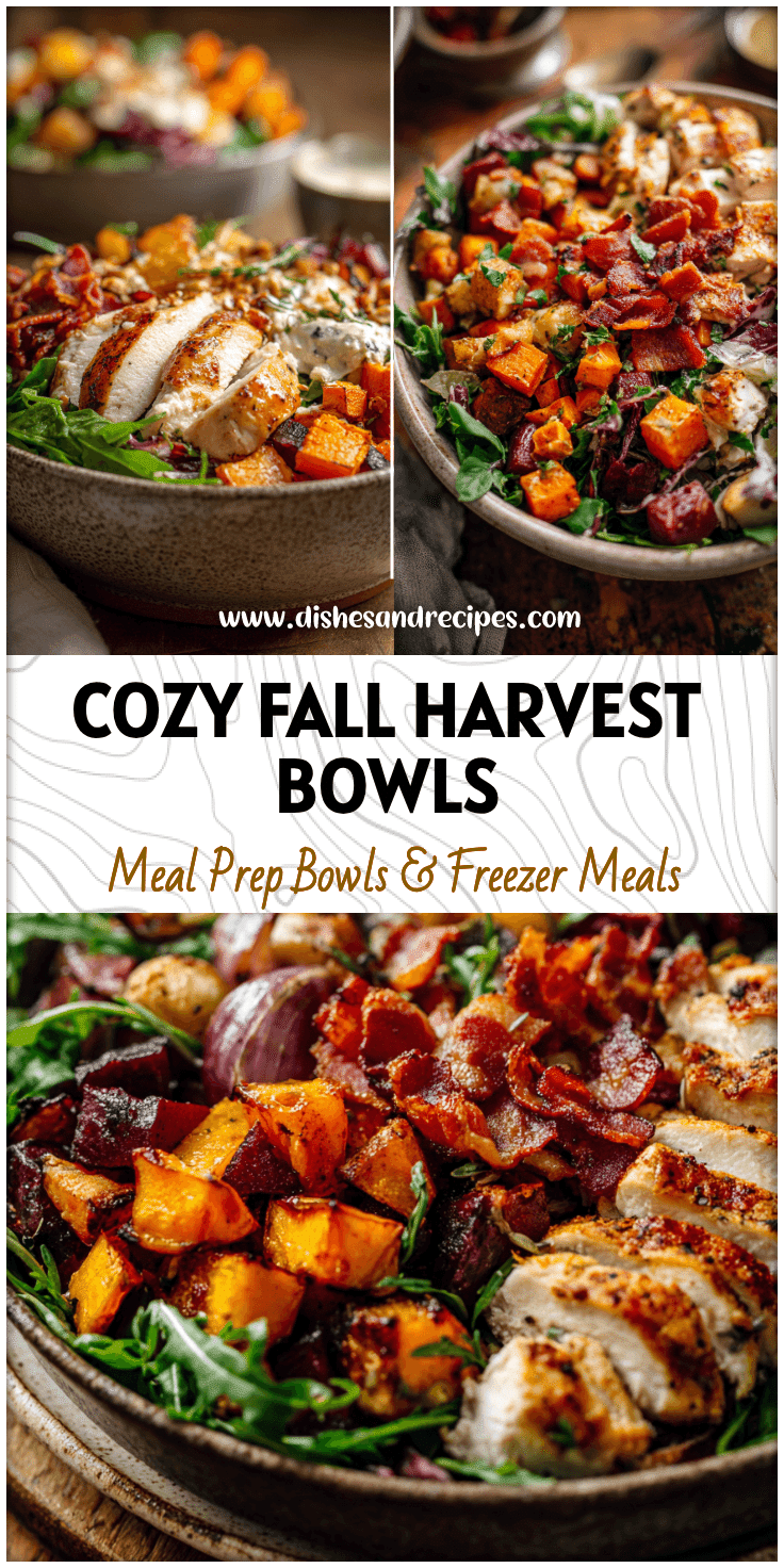 Colorful fall harvest chicken bowl with roasted root veggies, bacon, and greens on a rustic table.