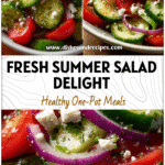 Colorful bowl of Cucumbers Onions And Tomatoes topped with crumbled feta and herbs for a fresh summer salad