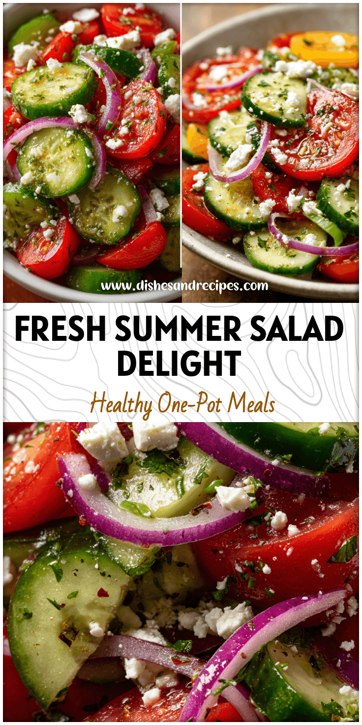 Colorful bowl of Cucumbers Onions And Tomatoes topped with crumbled feta and herbs for a fresh summer salad