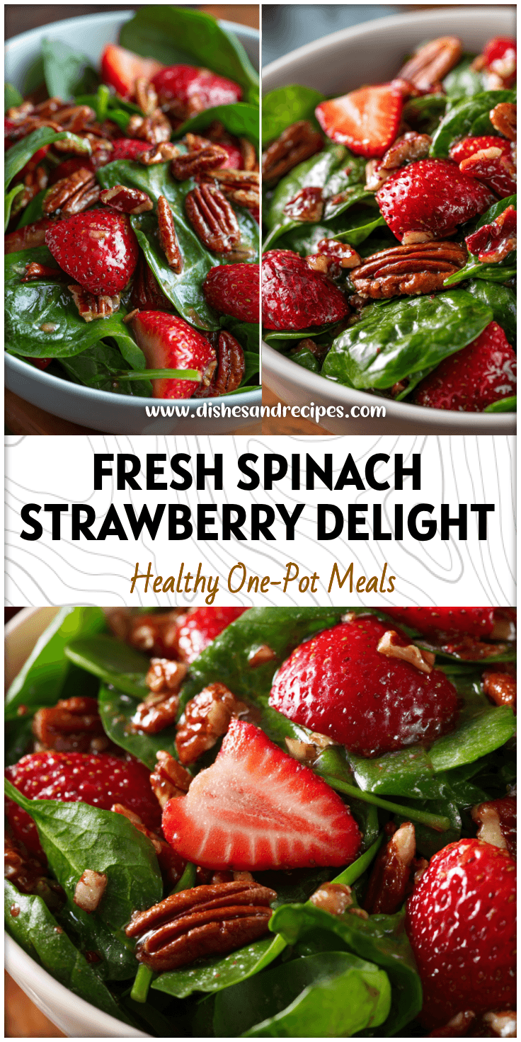 Colorful Spinach Based Salad with strawberries and candied pecans served in a white bowl.