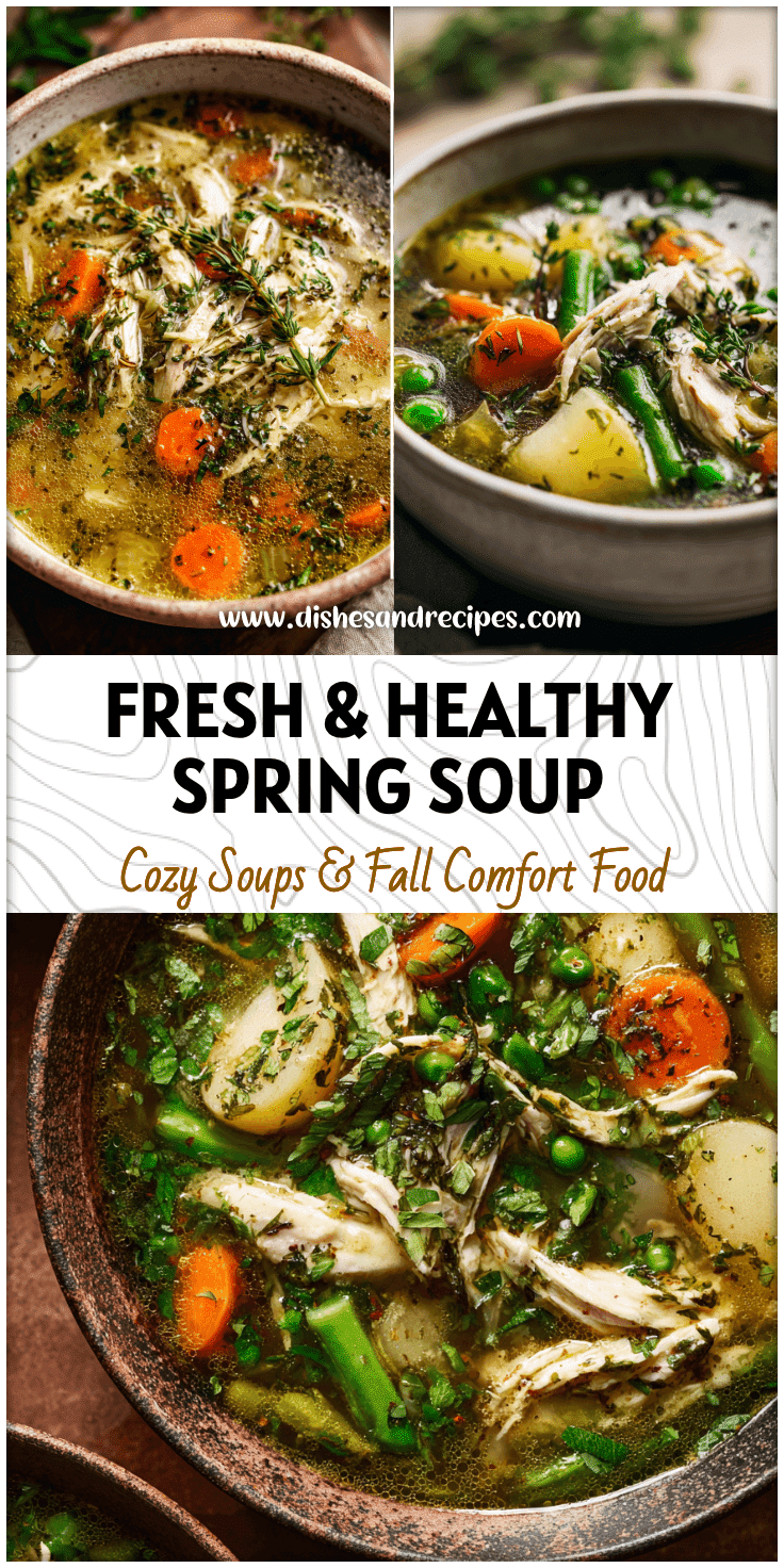 Bowl of Spring Vegetable Chicken Soup with herbs and seasonal vegetables styled for a Spring Herb Soup Dish.