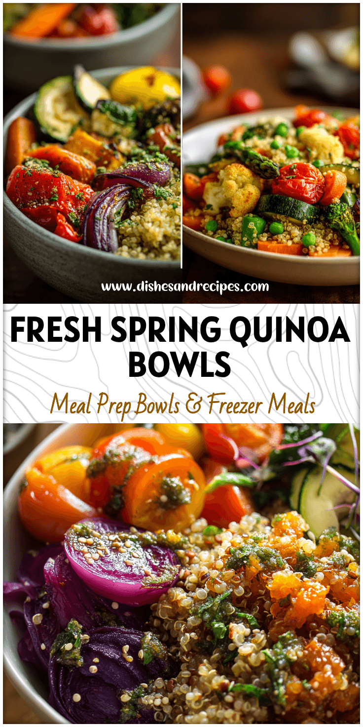 Colorful spring quinoa and veggie power bowl topped with roasted vegetables and herbs.