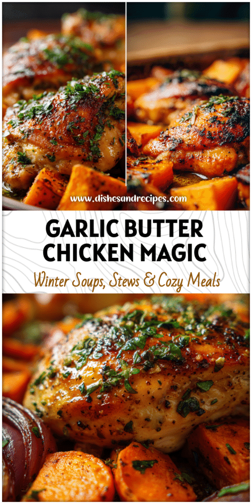 Golden garlic butter chicken breast with roasted sweet potatoes inspired by Peruvian Chicken Recipes.