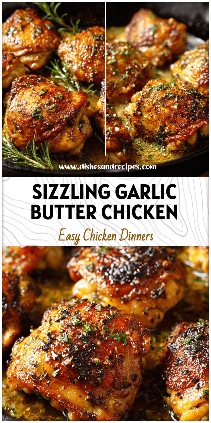Golden Garlic Butter Chicken Thighs sizzling in a cast iron skillet with crispy skin and pan sauce.