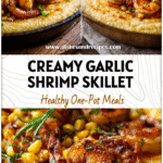Garlic Butter Shrimp & Sweet Corn Polenta Skillet 5 Golden skillet of Shrimp Polenta with spicy garlic lemon butter shrimp and sweet corn garnish.