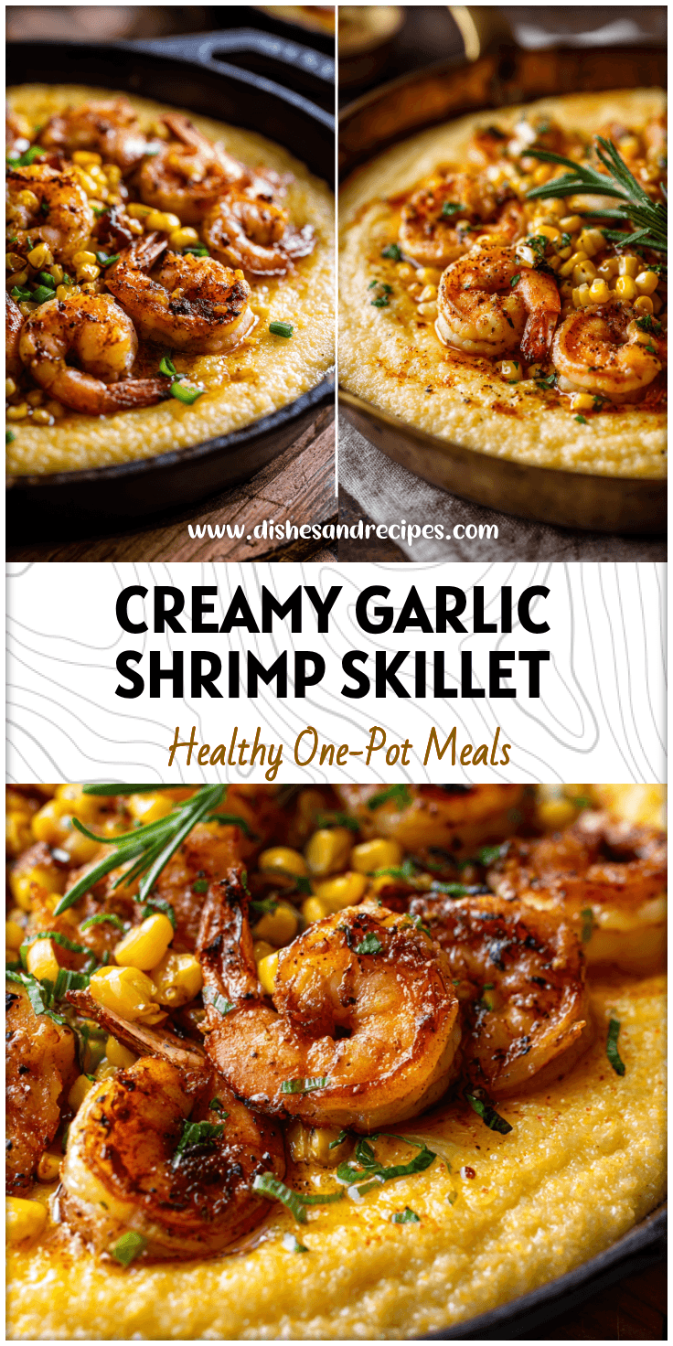 Golden skillet of Shrimp Polenta with spicy garlic lemon butter shrimp and sweet corn garnish.