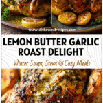 Golden Garlic Herb Roast Chicken with lemon butter glaze and crisp skin on a rustic platter.